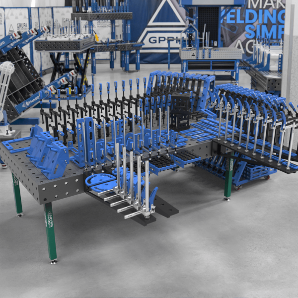 Mesa de soldadura GPPH SMART 12 φ28 rejilla 100x100 mm 2400x1200 mm sobre patas con juego de herramientas 3XL + 2 carros de herramientas L con cajones