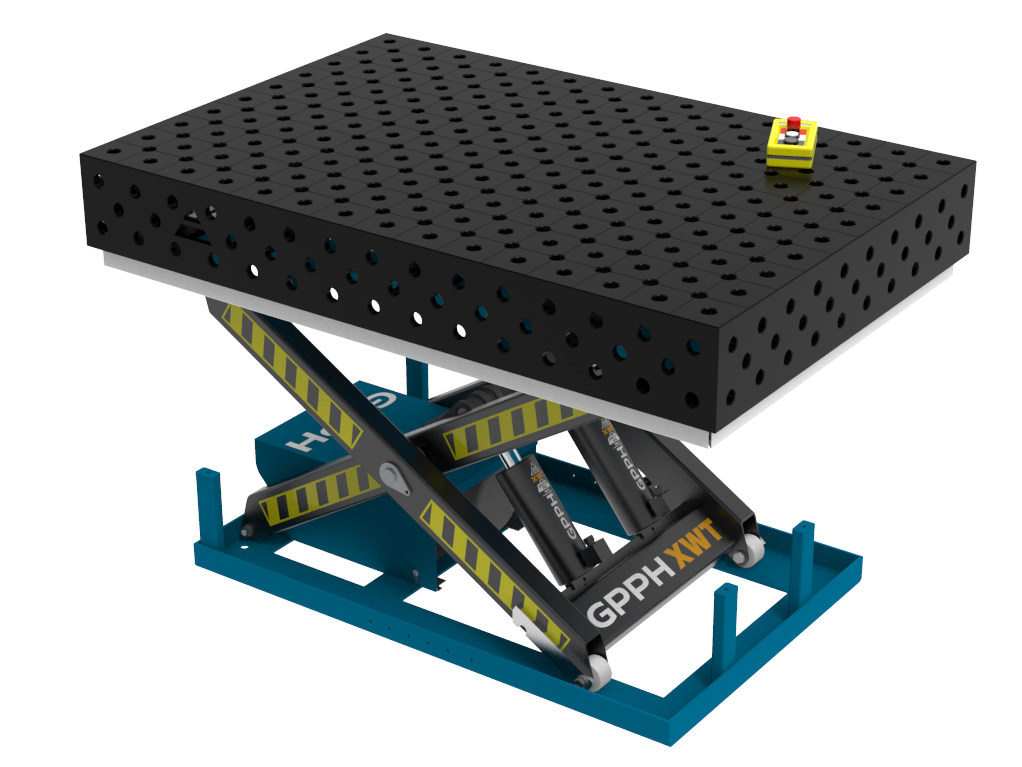 Mesa de soldadura PRO 1500x1000 mm con sistema de elevación hidráulico, sistema 28, rejilla diagonal