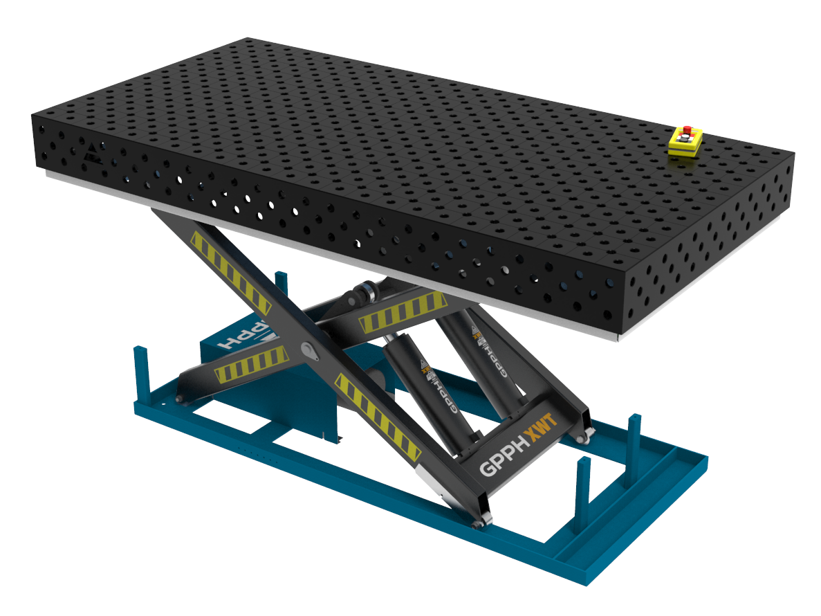 Mesa de soldadura PLUS 2400x1200 mm con sistema de elevación hidráulico, sistema 28, rejilla diagonal