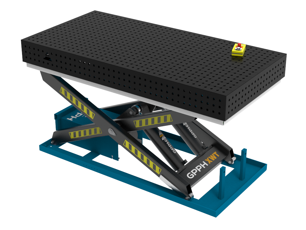 Mesa de soldadura ECO 2000x1000 mm con sistema de elevación hidráulico, sistema 16, rejilla 50x50 mm