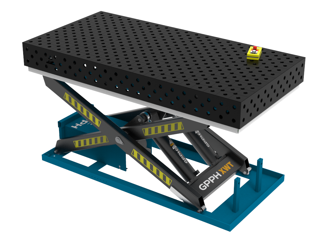 Mesa de soldadura ECO 2000x1000 mm con sistema de elevación hidráulico, sistema 28, rejilla diagonal