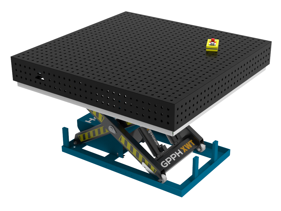 Mesa de soldadura ECO 1500x1480 mm con sistema de elevación hidráulico, sistema 16, rejilla 50x50 mm