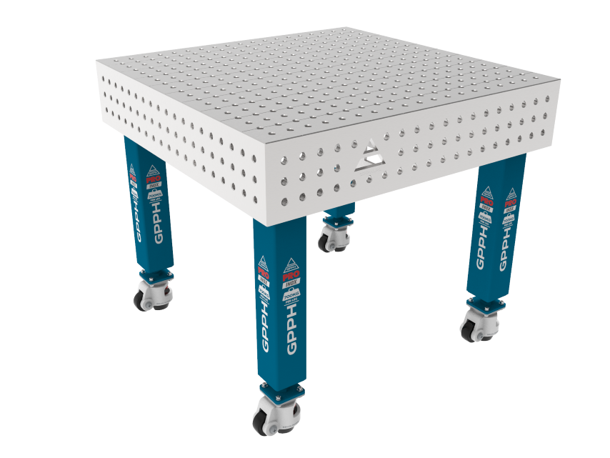 Mesa de soldadura PRO INOX 1000 x 1000 mm Malla: 50 x 50 mm, sistema: Φ16, patas: con ruedas, tablero: tablero PRO INOX