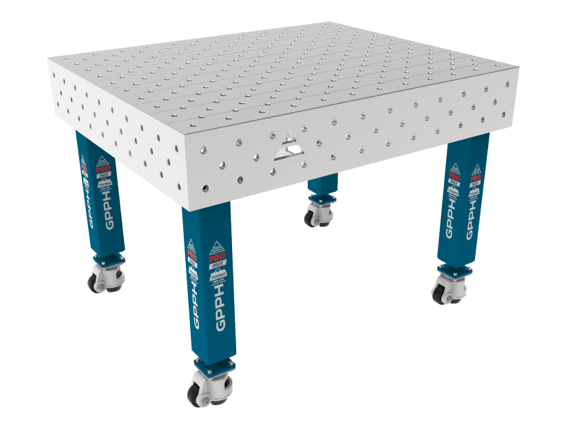 Schweißtisch PRO INOX 1200 x 1000 mm Gitter – diagonal, System – Φ16, Beine – auf Rädern, Tischplatte – Tischplatte PRO INOX