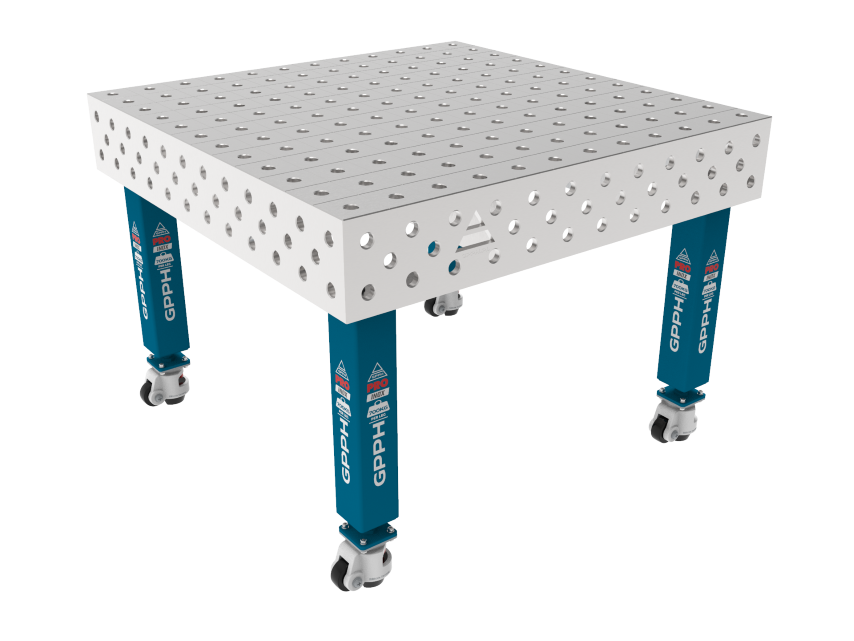 Mesa de soldadura PRO INOX 1200 x 1200 mm Malla: 100 x 100 mm, sistema: Φ28, patas: con ruedas, tablero: tablero PRO INOX