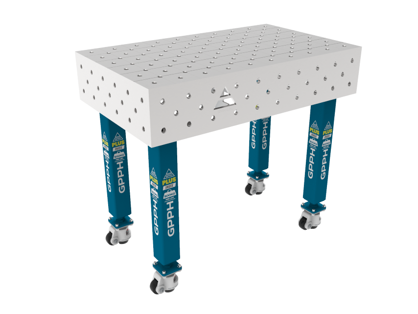 Schweißtisch PLUS INOX 1000 x 600 mm Gitter - diagonal, System - Φ16, Beine - Auf Rollen, Tischplatte - Tischplatte PLUS INOX