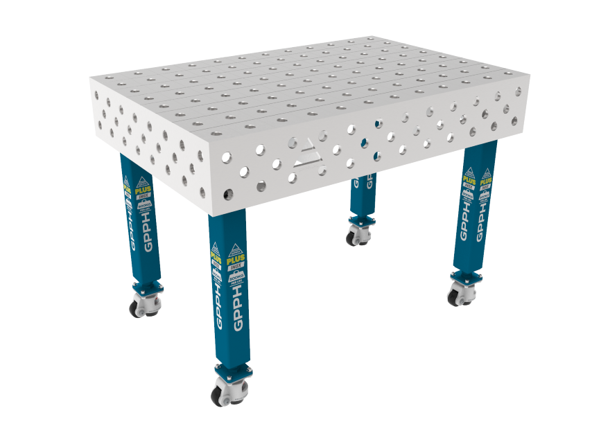 Lastafel PLUS INOX 1200x800mm Raster - 100x100mm, Systeem - Φ28, Poten - Op wielen, Blad - Blad PLUS INOX