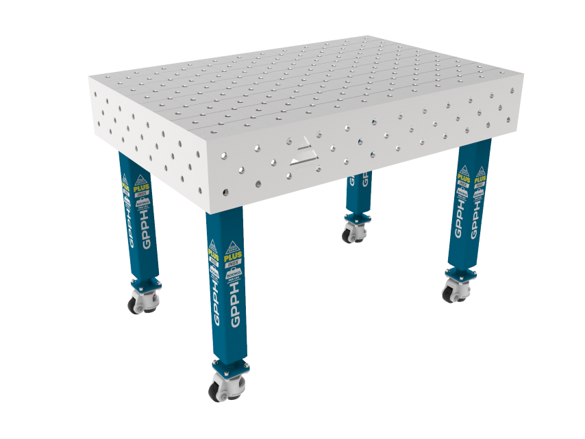 Lastafel PLUS INOX 1200x800mm Raster - diagonaal, Systeem - Φ16, Poten - Op wielen, Blad - Blad PLUS INOX