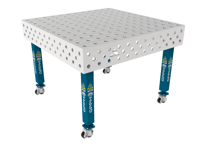 Stół Spawalniczy PLUS INOX 1200 x 1200 mm Siatka - 100x100mm, System - Φ28, Nogi - Na kołach, Blat - Blat PLUS INOX