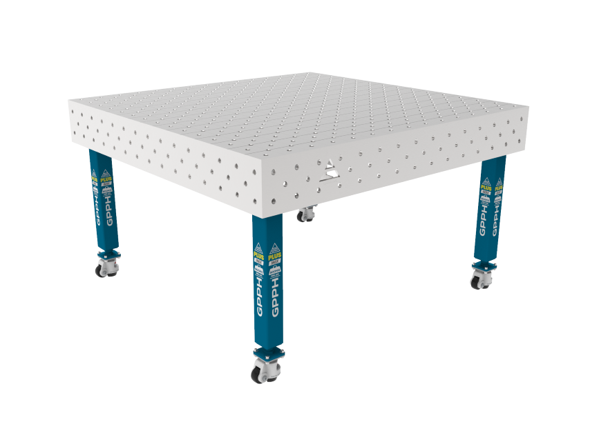 Table de soudage PLUS INOX 1500 x 1480 mm Grille - diagonale, Système - Φ16, Pieds - Sur roulettes, Plateau - Plateau PLUS INOX