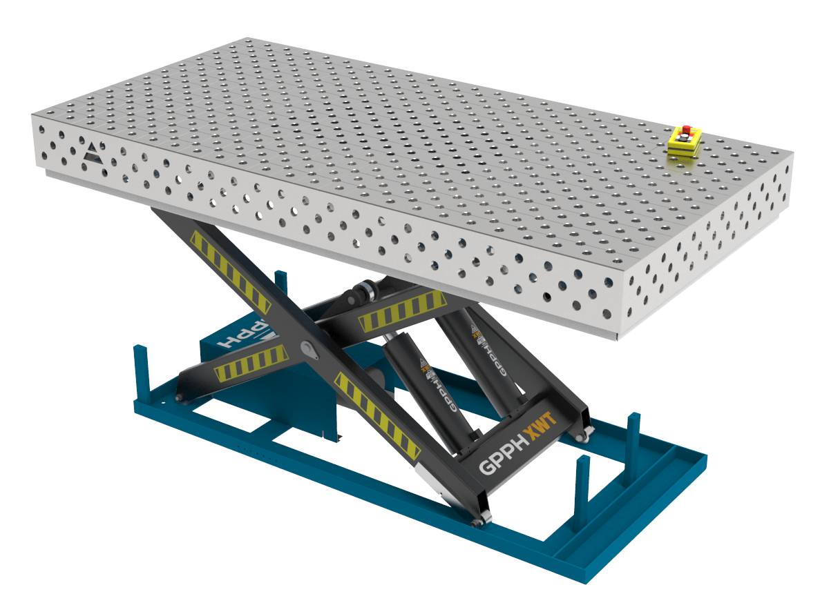 Table de soudage PLUS INOX 2400x1200 mm avec système de levage hydraulique, système 16, grille diagonale