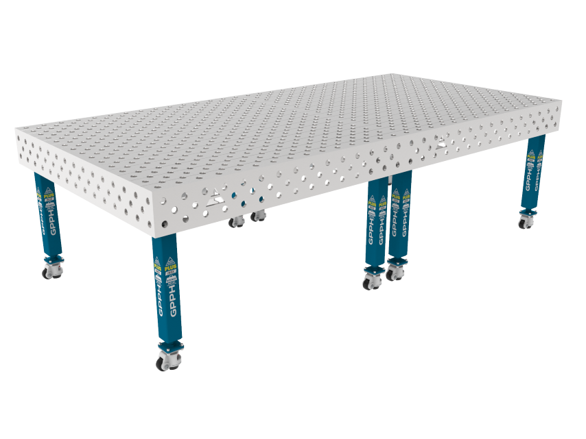 Stół Spawalniczy PLUS INOX 3000 x 1480 mm Siatka - diagonalna, System - Φ28, Nogi - Na kołach, Blat - Blat PLUS INOX