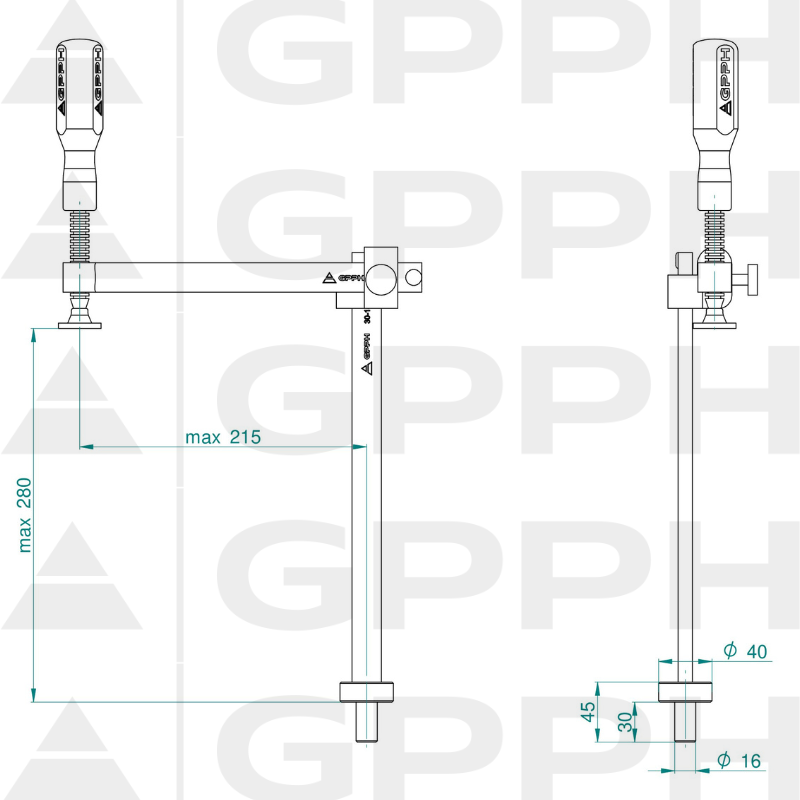 Variable throat depth clamp GPPH fi16 mm - technical drawing