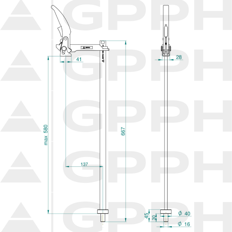Fastening clamp with lever long GPPH, diameter 16 mm - technical drawing