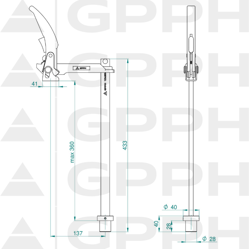 Fastening clamp with lever long GPPH, diameter 28 mm - technical drawing