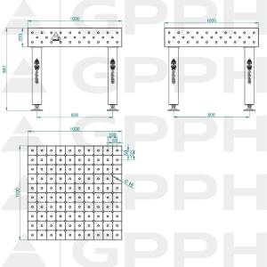 Mesa de soldadura PRO INOX Tamaño: 1000 x 1000 mm, rejilla: DIAGONAL, sistema: Φ16, patas: sobre pies - dibujo técnico