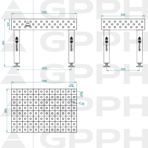Zavarivački stol PRO INOX Veličina – 1200x800 mm, Mreža – 100x100 mm, Sustav – Φ28, Noge – Na stopama – tehnički crtež