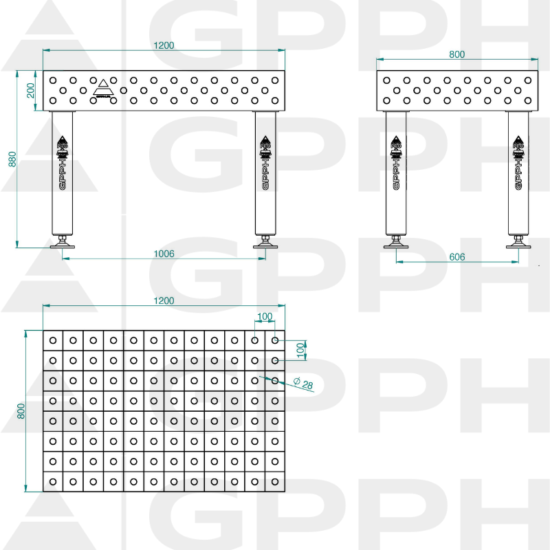 Zavarivački stol PRO INOX Veličina – 1200x800 mm, Mreža – 100x100 mm, Sustav – Φ28, Noge – Na stopama – tehnički crtež