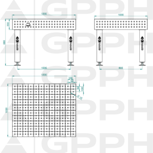 Schweißtisch PRO INOX Größe – 1200 x 1000 mm, Gitter – 50 x 50 mm, System – Φ16, Beine – Auf Füßen – technische Zeichnung