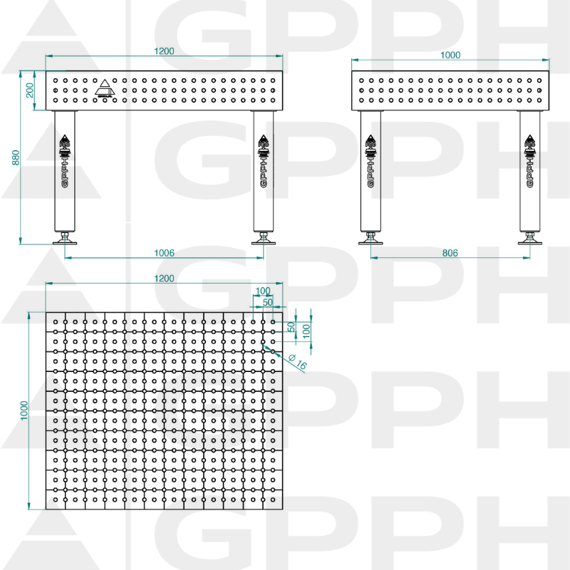 Schweißtisch PRO INOX Größe – 1200 x 1000 mm, Gitter – 50 x 50 mm, System – Φ16, Beine – Auf Füßen – technische Zeichnung