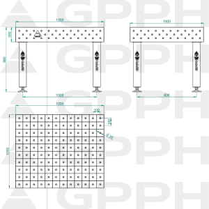 Schweißtisch PRO INOX Größe – 1200 x 1000 mm, Gitter – 100 x 100 mm, System – Φ16, Beine – auf Füßen – technische Zeichnung