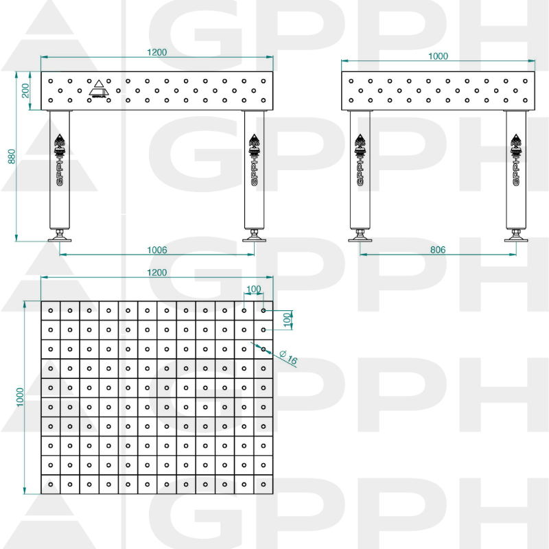 Schweißtisch PRO INOX Größe – 1200 x 1000 mm, Gitter – 100 x 100 mm, System – Φ16, Beine – auf Füßen – technische Zeichnung