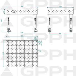 Schweißtisch PRO INOX Größe – 1200 x 1000 mm, Gitter – DIAGONAL, System – Φ16, Beine – Auf Rädern – technische Zeichnung