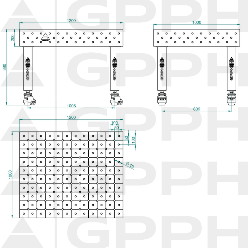 Schweißtisch PRO INOX Größe – 1200 x 1000 mm, Gitter – DIAGONAL, System – Φ16, Beine – Auf Rädern – technische Zeichnung