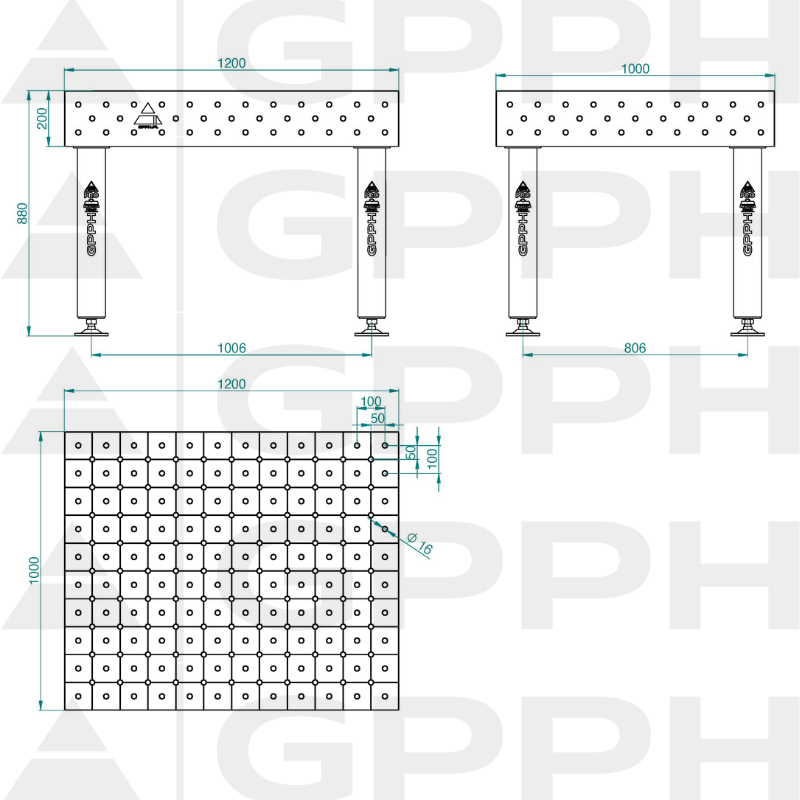 Schweißtisch PRO INOX Größe – 1200 x 1000 mm, Gitter – DIAGONAL, System – Φ16, Beine – Auf Füßen – technische Zeichnung