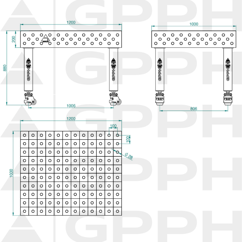 Schweißtisch PRO INOX Größe – 1200 x 1000 mm, Gitter – 100 x 100 mm, System – Φ28, Beine – auf Rädern – technische Zeichnung