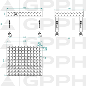 Schweißtisch PRO INOX Größe – 1200 x 1000 mm, Gitter – DIAGONAL, System – Φ28, Beine – Auf Rädern – technische Zeichnung