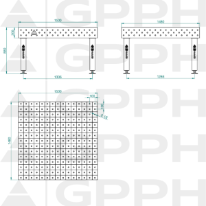 PRO INOX Welding Table Size - 1500x1480mm, Grid - 100x100mm, System - Φ16, Legs - On feet - technical drawing