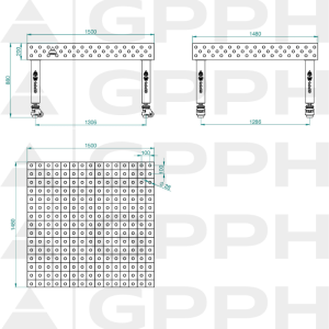 PRO INOX Welding Table Size - 1500x1480mm, Grid - 100x100mm, System - Φ28, Legs - On wheels - technical drawing