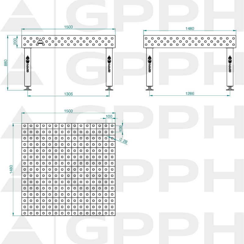 PRO INOX Welding Table Size - 1500x1480mm, Grid - 100x100mm, System - Φ28, Legs - On feet - technical drawing