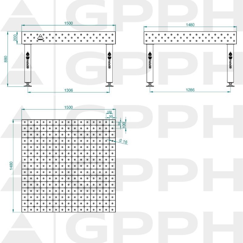 PRO INOX Welding Table Size - 1500x1480mm, Grid - DIAGONAL, System - Φ16, Legs - On feet - technical drawing