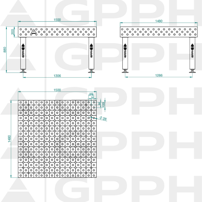 PRO INOX Welding Table Size - 1500x1480mm, Grid - DIAGONAL, System - Φ28, Legs - On feet - technical drawing