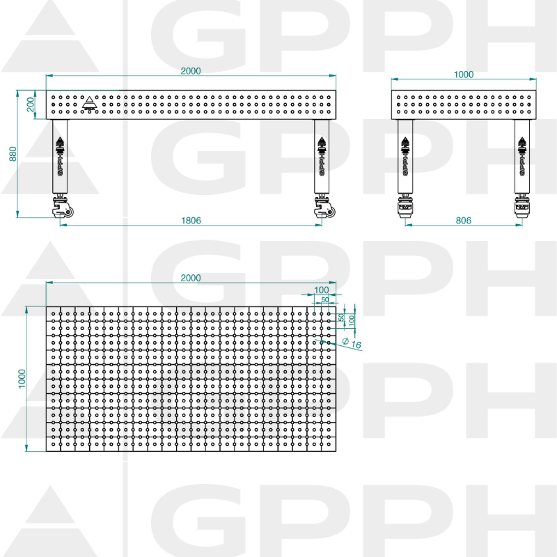 PRO INOX Welding Table Size - 2000x1000mm, Grid - 50x50mm, System - Φ16, Legs - On wheels - technical drawing
