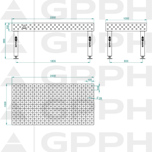 PRO INOX Welding Table Size - 2000x1000mm, Grid - 100x100mm, System - Φ28, Legs - On feet - technical drawing