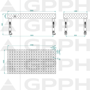 PRO INOX Welding Table Size - 2000x1000mm, Grid - DIAGONAL, System - Φ16, Legs - On wheels - technical drawing