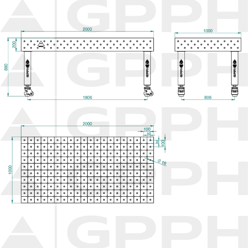 PRO INOX Welding Table Size - 2000x1000mm, Grid - DIAGONAL, System - Φ16, Legs - On wheels - technical drawing