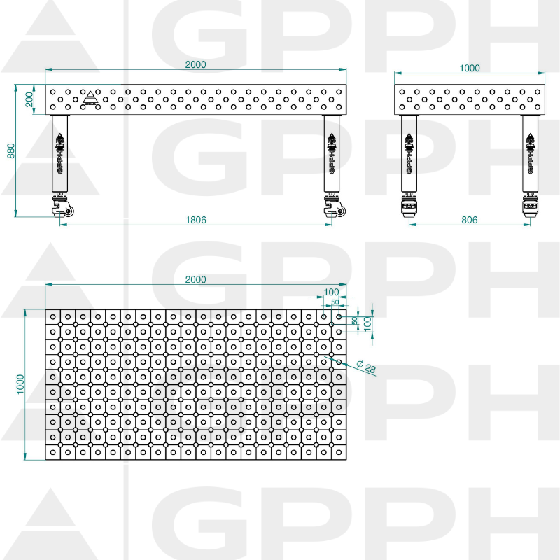 PRO INOX Welding Table Size - 2000x1000mm, Grid - DIAGONAL, System - Φ28, Legs - On wheels - technical drawing