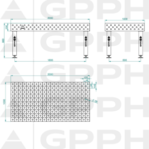 PRO INOX Welding Table Size - 2000x1000mm, Grid - DIAGONAL, System - Φ28, Legs - On feet - technical drawing