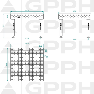 Mesa de soldadura PRO INOX Tamaño: 1200 x 1200 mm, rejilla: 100 x 100 mm, sistema: Φ28, patas: sobre soportes, dibujo técnico.