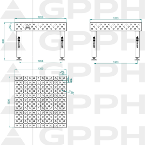 Mesa de soldadura PRO INOX Tamaño: 1200 x 1200 mm, rejilla: DIAGONAL, sistema: Φ28, patas: con ruedas - dibujo técnico