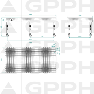 Mesa de soldadura PLUS INOX Tamaño: 2400 x 1200 mm, rejilla: 50 x 50 mm, sistema: Φ16, patas: con ruedas, dibujo técnico.
