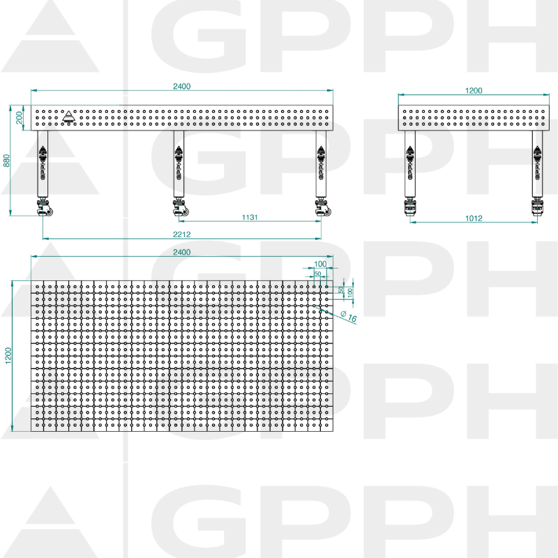 Mesa de soldadura PLUS INOX Tamaño: 2400 x 1200 mm, rejilla: 50 x 50 mm, sistema: Φ16, patas: con ruedas, dibujo técnico.