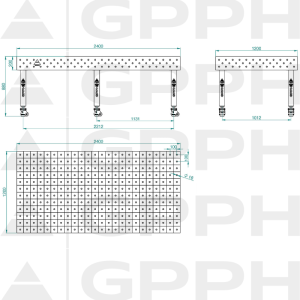 Mesa de soldadura PLUS INOX Tamaño - 2400x1200mm, Cuadrícula - 100x100mm, Sistema - Φ16, Patas - sobre roues, Dibujo técnico