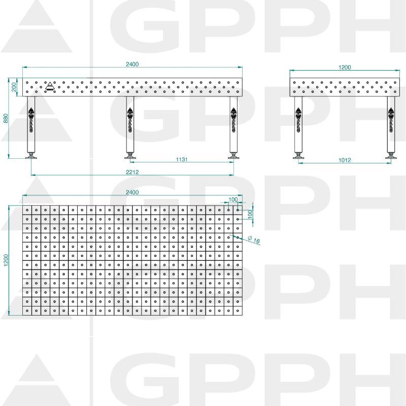 Mesa de soldadura PLUS INOX Tamaño: 2400 x 1200 mm, rejilla: 100 x 100 mm, sistema: Φ16, patas: sobre pies, dibujo técnico.