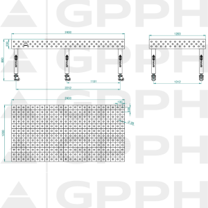 Mesa de soldadura PLUS INOX Tamaño: 2400 x 1200 mm, rejilla: 100 x 100 mm, sistema: Φ28, patas: con ruedas, dibujo técnico.