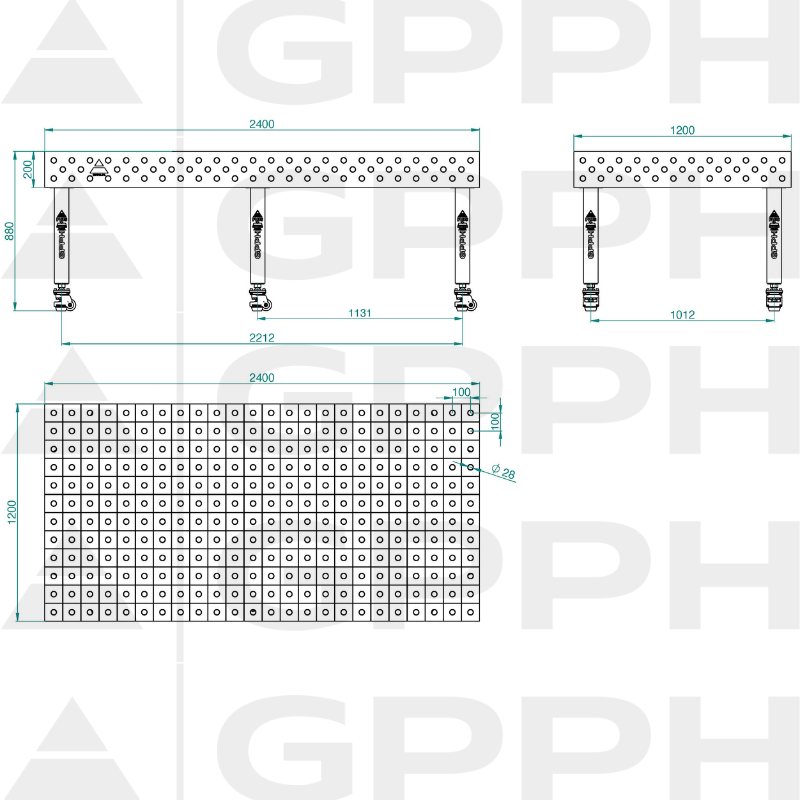 Mesa de soldadura PLUS INOX Tamaño: 2400 x 1200 mm, rejilla: 100 x 100 mm, sistema: Φ28, patas: con ruedas, dibujo técnico.